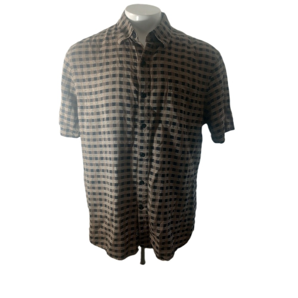 Nat Nast Shirt Mens L Luxury Short Sleeve Brown Black Plaid Silk Old Money